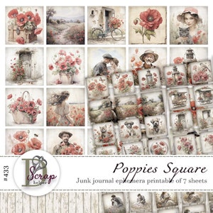 Papoula vintage 1 polegada adesivos quadrados e cartões para impressão 7 folhas Flor de papoula Presente de papoula Cottage Romance Garden junk journal suprimentos #433