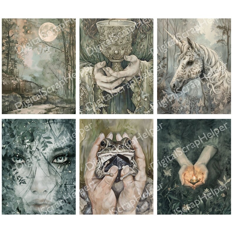 Pu&ograve; includere: Un collage di sei immagini con un tema boschivo. Le immagini includono una foresta illuminata dalla luna, una mano che tiene un calice, un unicorno in una foresta, il viso di una donna circondato da foglie, una mano che tiene una rana e una mano che tiene una candela accesa.