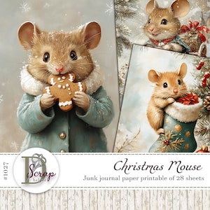 Papier de Noël confortable à imprimer pour souris, 28 feuilles, clipart de souris, affiche de souris d'hiver, cadeau de souris de bébé, art mural de souris de vacances, fête de la souris, #1027