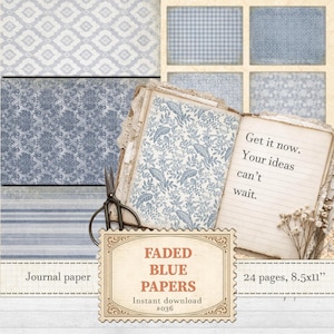 Vintage blue junk journal paper with faded patterns for aged scrapbooking | Digital download | 036