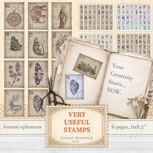May include: A collection of vintage-style stamps and journal ephemera. The stamps feature various illustrations, including animals, flowers, and a compass. The text "VERY USEFUL STAMPS" and "Your Creativity Starts... NOW." are visible. The image also includes a notebook and scissors.