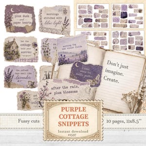 May include: A collection of purple-toned paper ephemera snippets featuring botanical illustrations, cottage scenes, and poetic text like plum dusk and paper hearts, morning fog and violet fields, and after the rain, plum blossoms, arranged on a notebook.