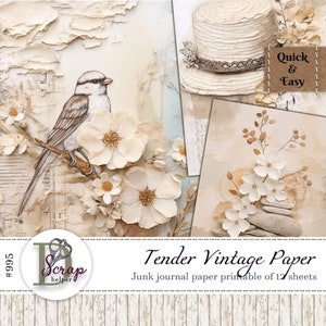 Papel de diário vintage bege para impressão de 12 folhas Tender Scrappy Cottagecore Ivory Neutral Pergaminho Papel para uso comercial gratuito #995