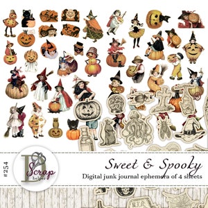 Fussy cut Halloween printable Spooky scraps of 4 sheets Sticker Boo Pumpkin Ghost Gothic Witch Happy Halloween junk journal supplies #254