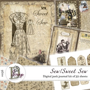 Naaien junkjournal kit afdrukbaar van 32 vellen Retro Sew Fashion Crafting Patchwork Dames junkjournal benodigdheden #056