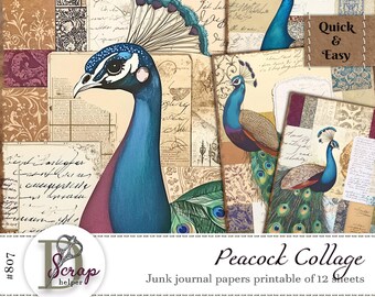 Peacock papers for emerald blue gold collages and junk journals | Digital download | 807