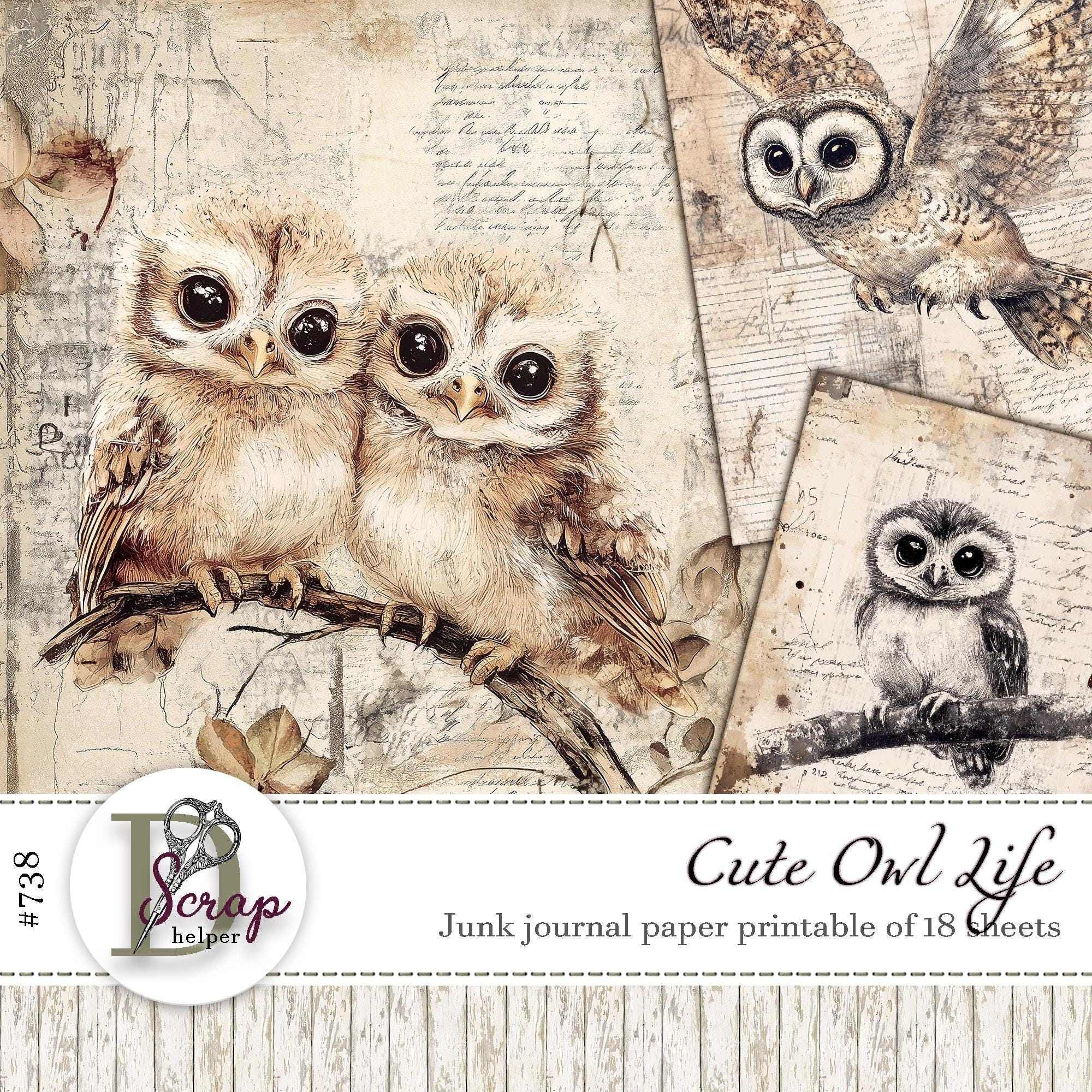 Cute owl junk journal paper printable of 18 sheets Scrappy Baby owl clipart Forest Ledger paper Wood