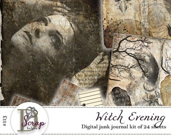 May include: A digital junk journal kit with 24 sheets featuring a witchy theme. The kit includes images of a woman's face, an eagle, a tree with a moon, and various other designs. The kit is perfect for scrapbooking, journaling, and other creative projects.