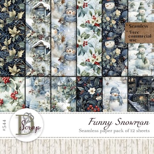 Joli modèle sans couture de Noël, bonhomme de neige d'hiver, papier numérique de voeux de nouvel an, houx, utilisation commerciale gratuite, 12 feuilles #544