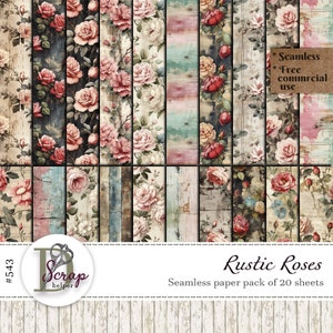 Vintage rozen naadloos patroon Landelijk rustiek digitaal papier Bloemen Shabby chic Cottagecore Lente Zomer Gratis commercieel gebruik 20 vellen #543