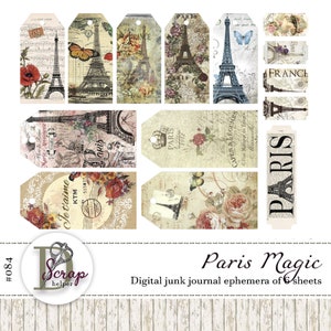 Paris Junk Journal Ephemera druckbare Packung mit 6 Blättern Frankreich Shabby Chic Romantische Liebe Floral Junk Journal #084