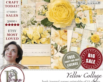 Geel collagepapier bedrukbaar van 12 vellen Vintage gele shabby chic gebloemde achtergrond Sunshine gele rugpapier Frans land #1116