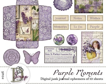 Vintage purple ephemera of 10 sheets Vintage Violet Shabby Purple Lavender Provence junk journal supplies #046