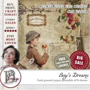 Jongens junk journal papier afdrukbaar 8 vellen Vintage kleine jongen cadeau Memory Boy plakboekpagina's Heren mannelijk kinderen Kinderen jongen afdrukken #044