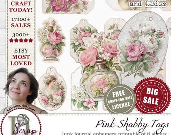 Pink floral shabby chic tags fussy cut for Victorian journaling ephemera | Digital download | 1154