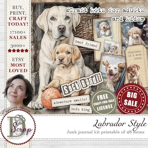 Labrador retriever junk Journal Kit afdrukbare 48 vellen hondenliefhebber honden thema ephemera Labrador print hond geheugen cadeau huisdier plakboek #1195