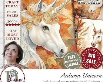 Papel decoupage de unicornios de fantasía imprimible 12 hojas Scrappy Otoño Fantasía caballo Hada Mágica Celestial Unicornio mágico Uso comercial gratuito #534