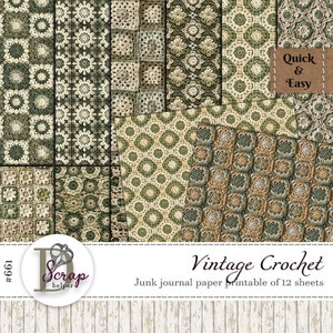 Grünes gehäkeltes Junk Journal Papier 12 Blatt Cozy Scrappy Shabby Backing Sewing Cottagecore Pergamentpapier Frei kommerzielle Nutzung #661