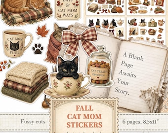Cat mom stickers Fall funny kitten fussycuts ephemera Pet journal inserts | Digital download | 1659