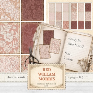 Red William Morris junk journal cards for Art Nouveau scrapbooking slow crafting | Digital download