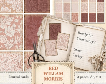 Röda William Morris skräpjournalkort för jugendscrapbooking långsamt hantverk | Digital nedladdning