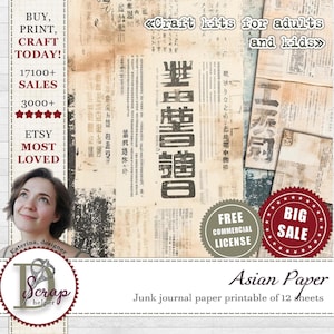 Afdrukbare Aziatische papier op grunge-papier Japanse washi Oosterse Japanse collage Chinoiserie Aziatische noodlijdende geisha Gratis commercieel gebruik 12 vellen #672
