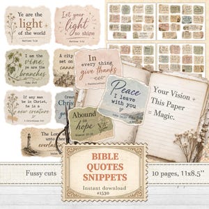 May include: A collection of paper snippets featuring Bible quotes with vintage-style illustrations of flowers, a lighthouse, and landscapes. The set includes various rectangular pieces with deckled edges, displayed alongside an open notebook.