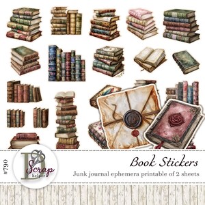 Puede incluir: Pegatinas de libros imprimibles para diarios de chatarra. Las pegatinas presentan ilustraciones de estilo vintage de pilas de libros, libros abiertos y un libro cerrado con una rosa en la portada. El texto "Book Stickers" y "Junk journal ephemera printable of 2 sheets" está incluido en la imagen.