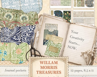 William Morris junk journal pockets with cards for Art Nouveau ephemera | Digital download | 089