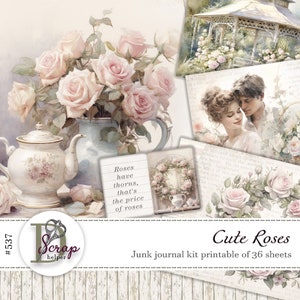 Kit stampabile diario di cianfrusaglie con rose carino di 36 fogli collage Timeworn Floral Shabby Pink Cottage Romance Garden Rose junk journal supplies #537