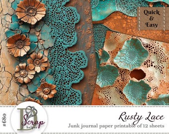 Rusted metal flowers paper for steampunk scrapbooking and mechanical journaling | Digital download
