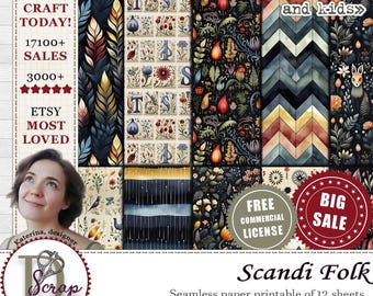 Scandinavian Folk Art Digital Paper, Floral Nordic Patterns (12 Sheets)