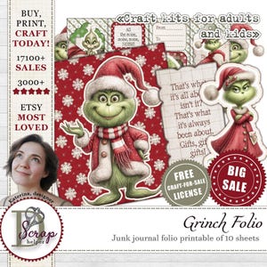 May include: A digital collage featuring the Grinch in a Santa hat and red coat, with text that reads "Craft kits for adults and kids." The image includes the text "Grinch Folio" and "Junk journal folio printable of 10 sheets."