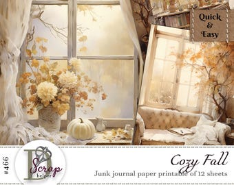 Cozy autumn junk journal paper printable 12 sheets Scrappy Fall Aesthetic decor Shabby chic Sweet home Cottagecore Free commercial use #466