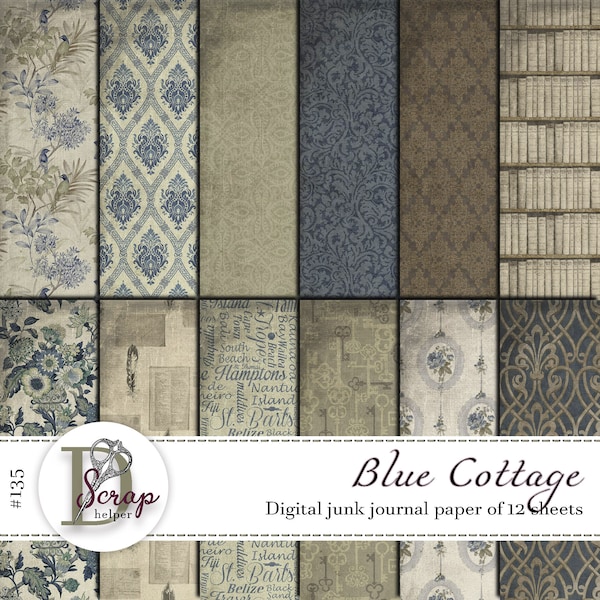 Vintage blue junk journal paper pack of 12 sheets Shabby chic Botanical Elegant Cottage Cottagecore junk journal supplies #135