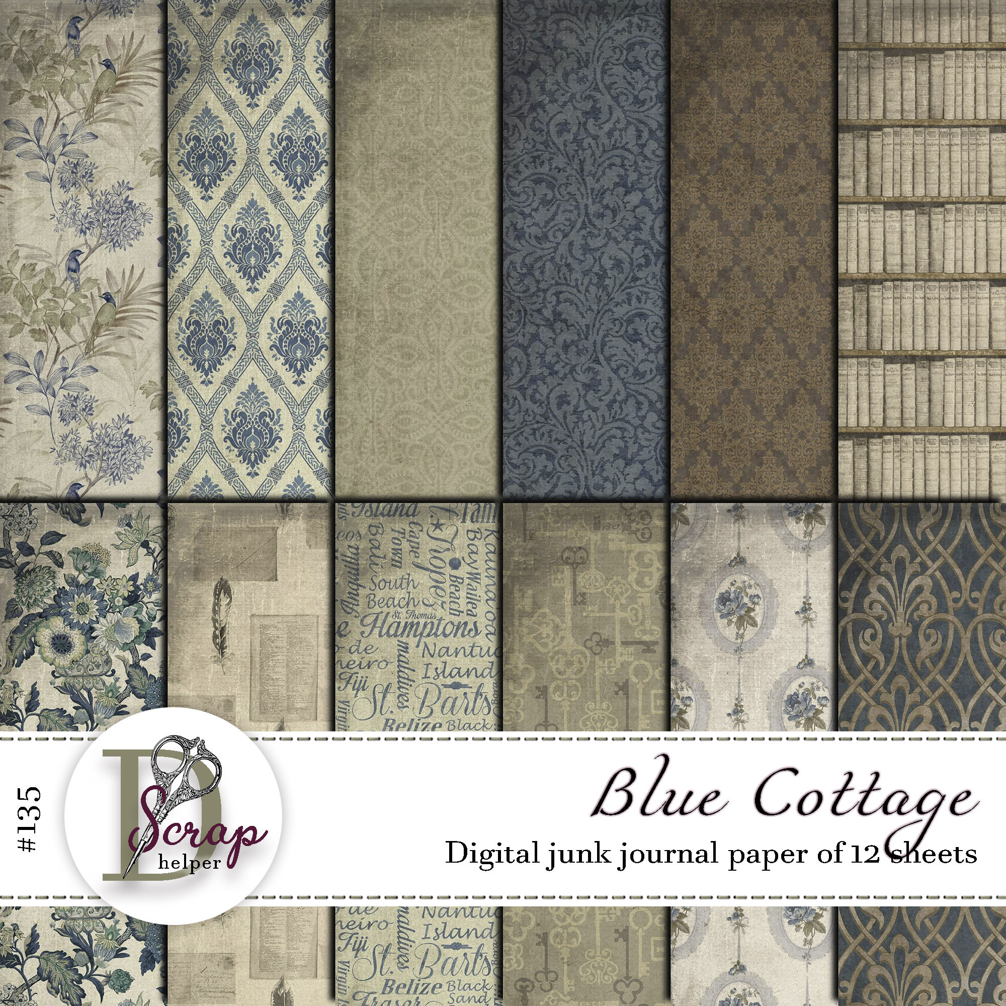 Vintage Blue Junk Journal Paper Pack of 12 Sheets Shabby
