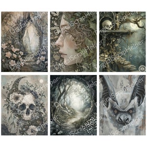 Pu&ograve; includere: Un collage digitale di nove immagini con un tema oscuro, gotico e mistico. Le immagini includono un teschio, un pipistrello, un viso di donna, un sentiero nel bosco e una luna.