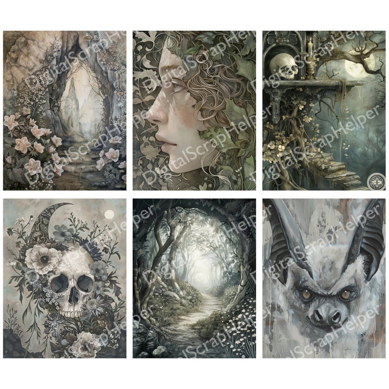 Pu&ograve; includere: Un collage digitale di nove immagini con un tema oscuro, gotico e mistico. Le immagini includono un teschio, un pipistrello, un viso di donna, un sentiero nel bosco e una luna.