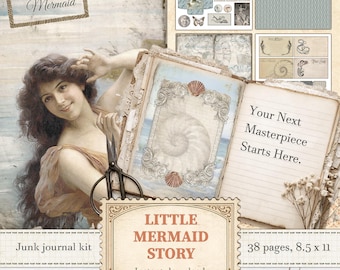 Mermaid junk journal kit for ocean fairytale theme slow crafting | Digital download | 005
