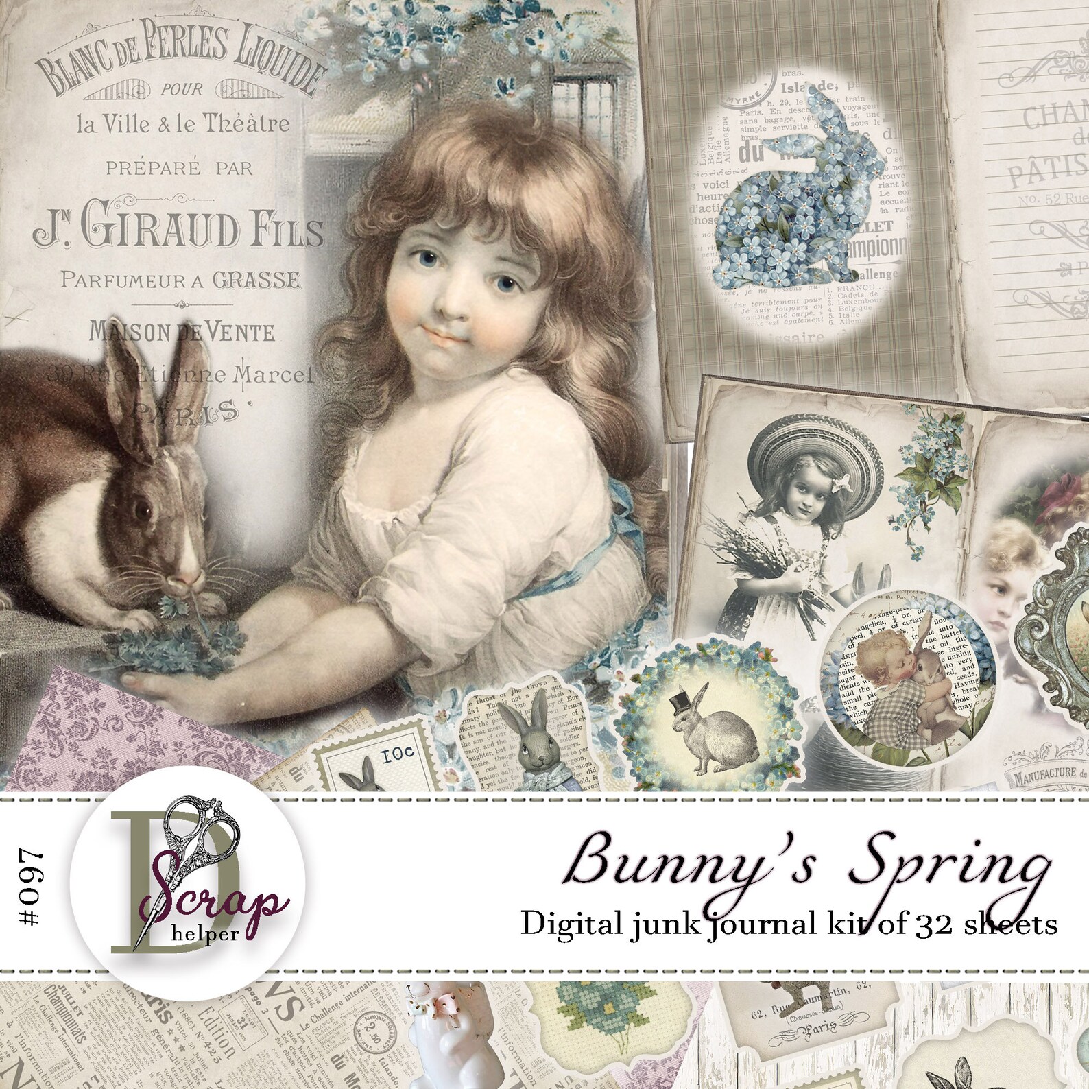 French Rabbit Junk Journal Kit Printable of 32 Sheets Shabby Chic Bunny ...