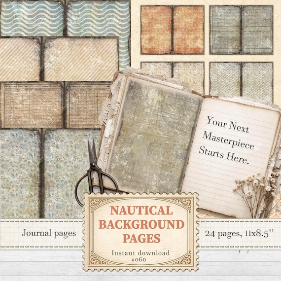 Vintage nautical junk journal background pages for sea theme scrapbooking | Digital download | 060
