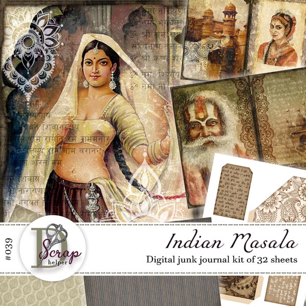 Vintage India junk journal kit printable of 32 sheets Indian Boho Masala Tribal junk journal supplies #039