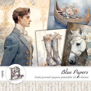 48 Blatt Blaue Momente Junk Journal Papier Pack mit 48 Blatt Blaues Verblasstes Blau Blaues Muster Vintage Blau Shabby Chic Papier #909