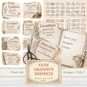 May include: A digital collage sheet with vintage-style ephemera, including phrases such as "Grandma's love" and "Home-baked happiness." It features fussy cuts, a book, scissors, and the text "Cute Granny's Snippets." The sheet is 27.9 x 21.6 cm.