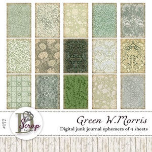 Groene botanische junk-dagboekkaarten afdrukbaar van 4 vellen ATC-kaarten William Morris Shabby chic Floral Art Nouveau junk-dagboekbenodigdheden #177