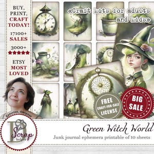 Diário de bruxa verde, cartões ATC para impressão, 10 folhas, magia verde floresta, decoração de bruxa leve, bruxa caprichosa, estética verde mística #369