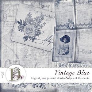 Vintage Junk Journal blau shabby chic Doppelseiten mit 16 Seiten zum Ausdrucken Blau Blumen #035