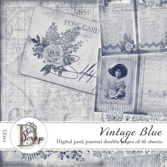Vintage Blue Junk Journal Double Pages Printable of 16