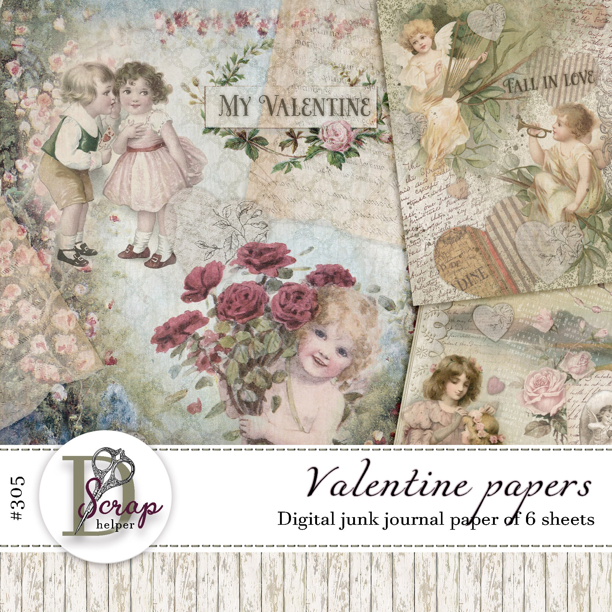 St Valentine Junk Journal Paper Printable of 6 Sheets Love