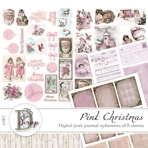 Roze kerst kieskeurige snitten efemere ephemera afdrukbaar van 8 vellen winterkerststickers dagelijks december adventskalender junkdagboekbenodigdheden #187